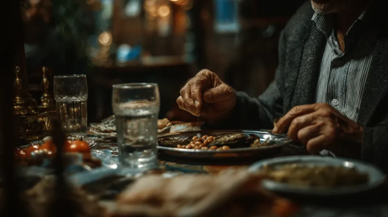 Covek jede pasulj u tradicionalnom beogradskom restoranu.